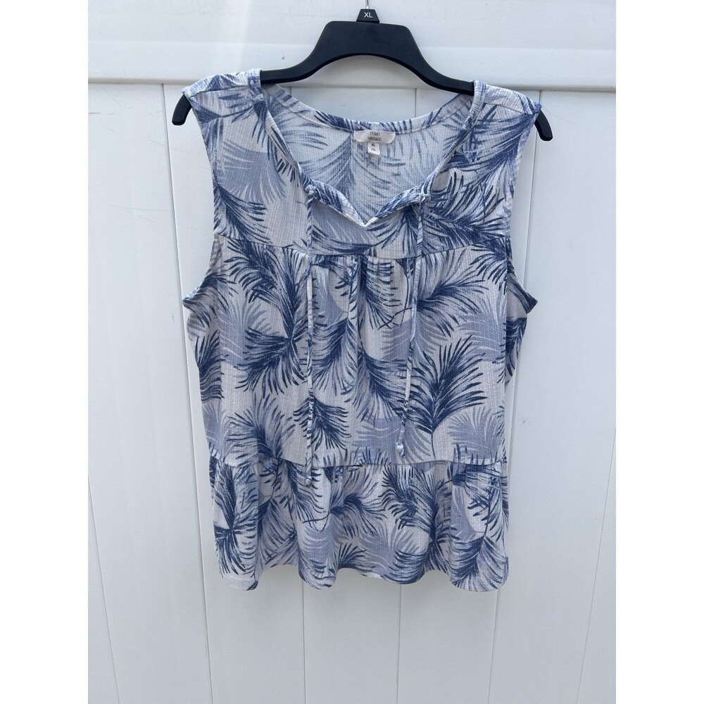 Como Vintage Tank Peasant Top Tie Neck Women's XL Blue Tropical Gauzy